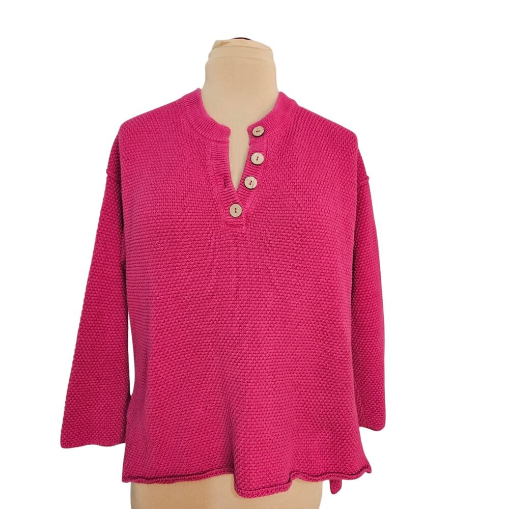 Free People FP Beach Fuchsia Pink Relaxed Henley Waffle Knit Sweater Boho